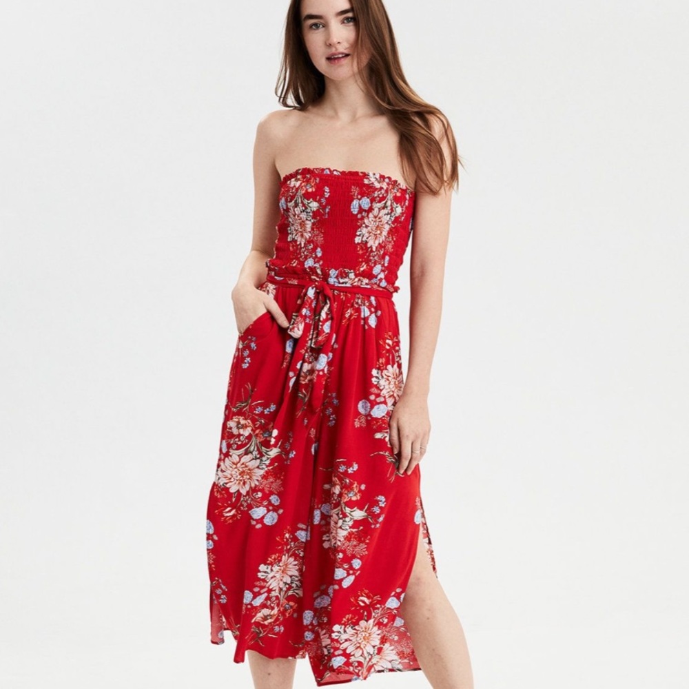 American Eagle Outfitters Strapless Red Floral Romper
